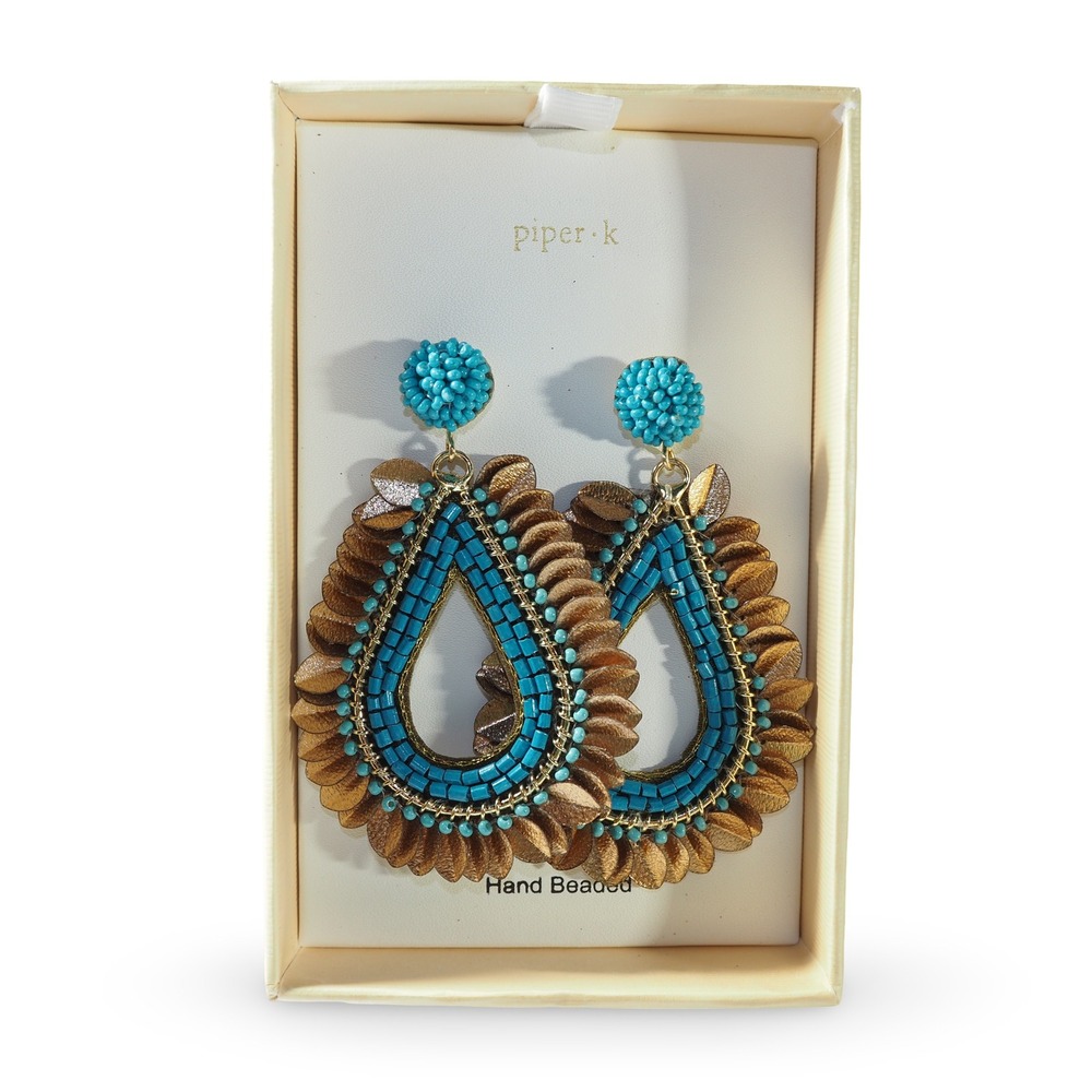 Piper K Dangle Earrings Women OS Turquoise Gold Hand Beaded Southwest Statement